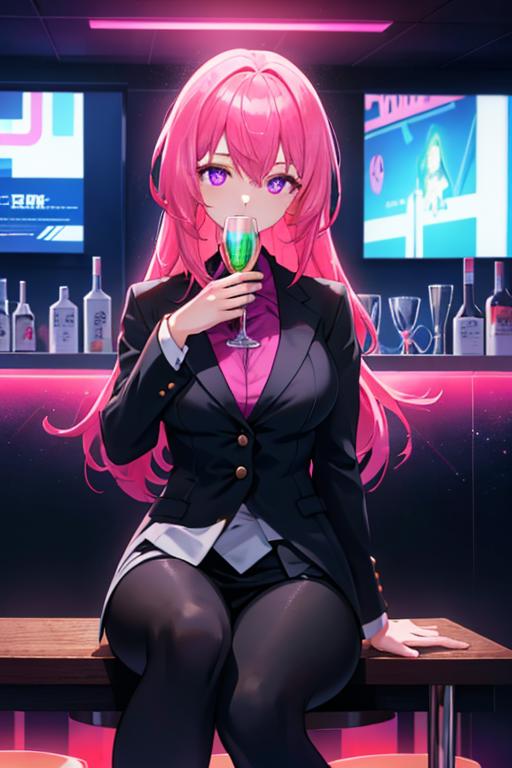 00205-984404887-Cyberpunk, 1girl, sitting in a futuristic bar, holding a glass, modified human, elegant suit, pink hair, purple eyes, looking in.png